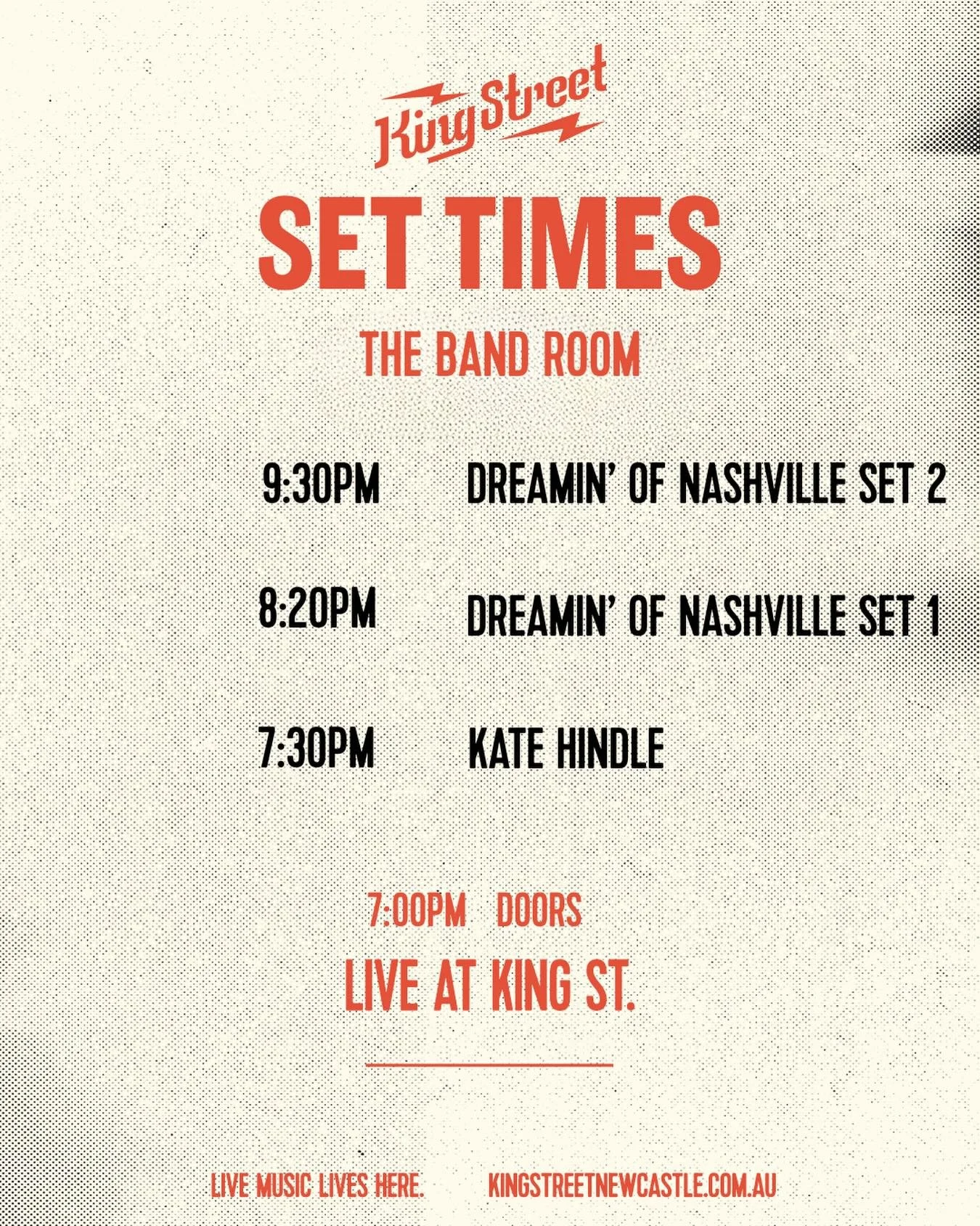 Set times for @dreaminofnashville in the Bandroom on Saturday. Tix still available!