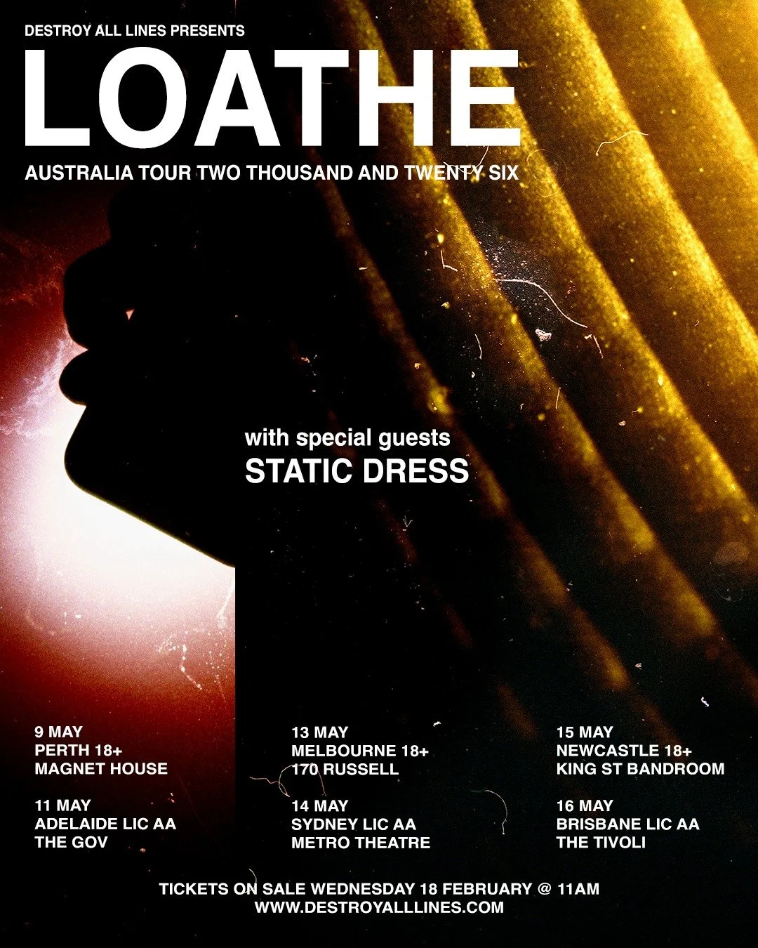 JUST ANNOUNCED: LOATHE 🚨
With Special Guests Static Dress (UK)

One of the most visceral forces in modern heavy music, UK heavy alchemists Loathe have announced their first-ever Australian headline tour this May, joined by special guests Static Dres