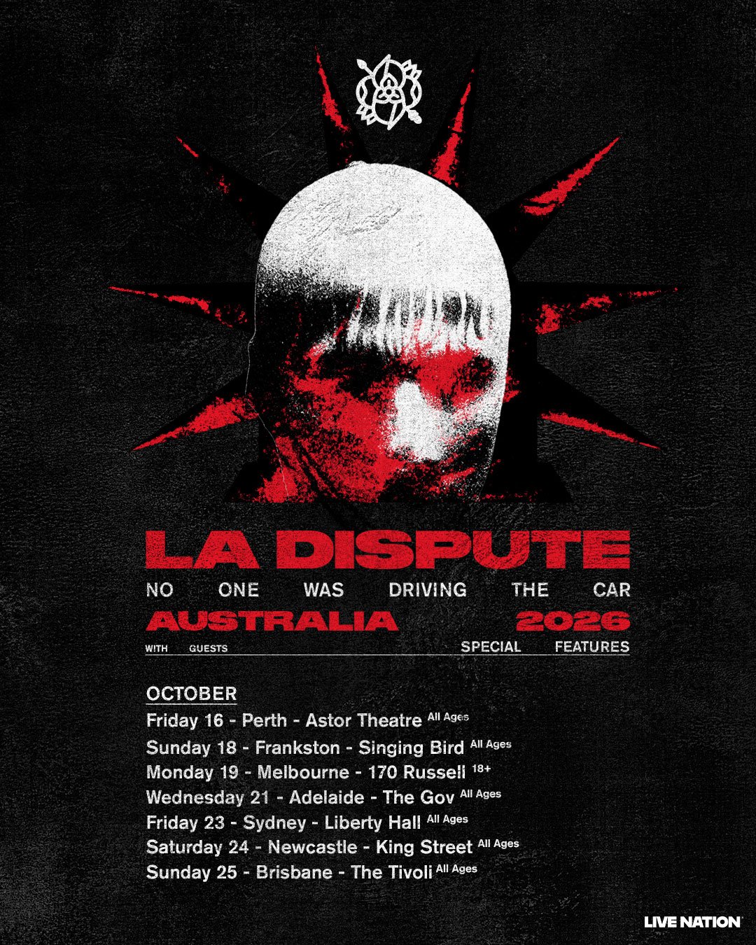 JUST ANNOUNCED: La Dispute brings 'No One Was Driving The Car' Australian headline tour for October 2026. Joined by Brisbane natives Special Features on all dates. 
Presale: Thu 19 Feb, 9am. 
General Public: Fri 20 Feb, 10am.
