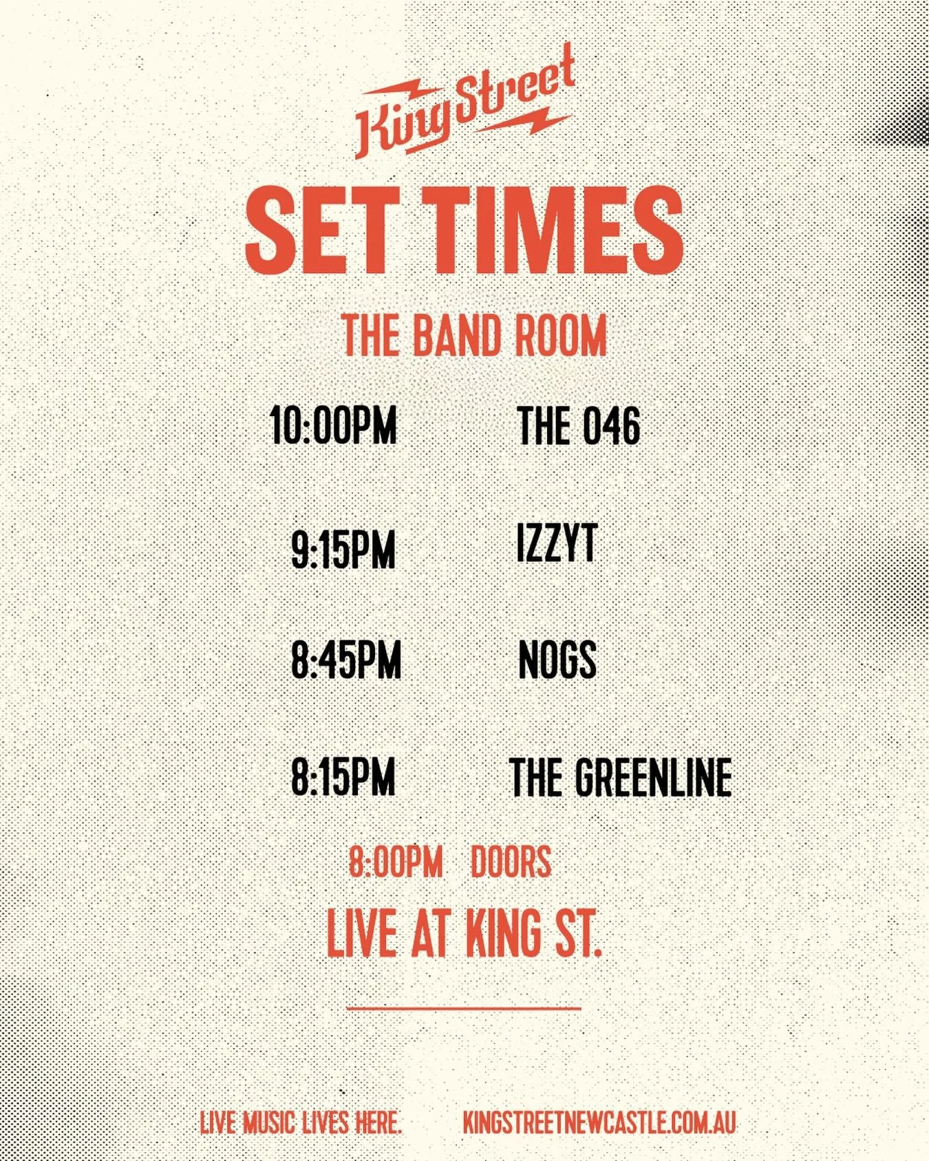 Set times for @the_046_official in the Bandroom. Tix still available!
