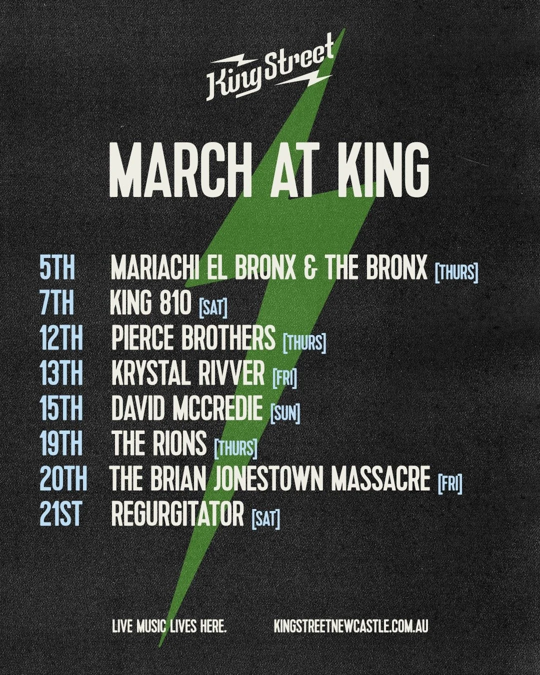 March at King Street is absolutely stacked!⚡
Mariachi El Bronx &amp; The Bronx, King 810, Pierce Brothers, Krystal Rivver, David McCredie, The Rions, The Brian Jonestown Massacre, Regurgitator and many more are hitting the stage. 
Grab your tickets n