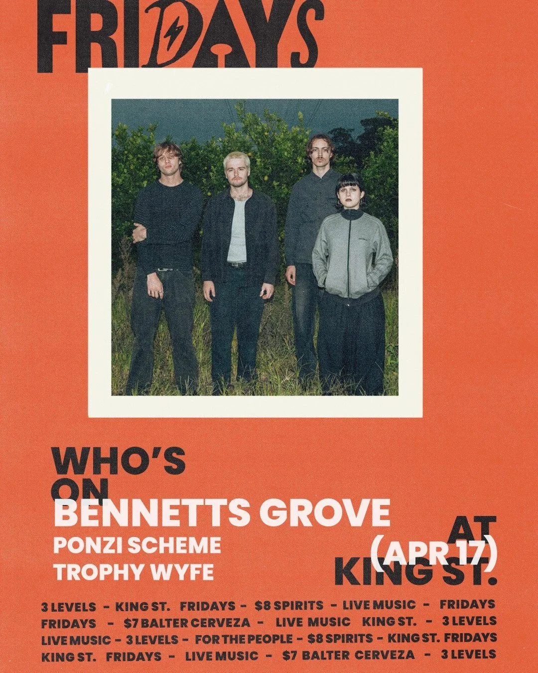 TOMORROW NIGHT: Bennetts Grove take over King Street Warehouse with their new track &ldquo;Out in the Cold,&rdquo; setting the pace for what&rsquo;s next. Joined by Ponzi Scheme and Trophy Wyfe.

👉 FREE ENTRY.