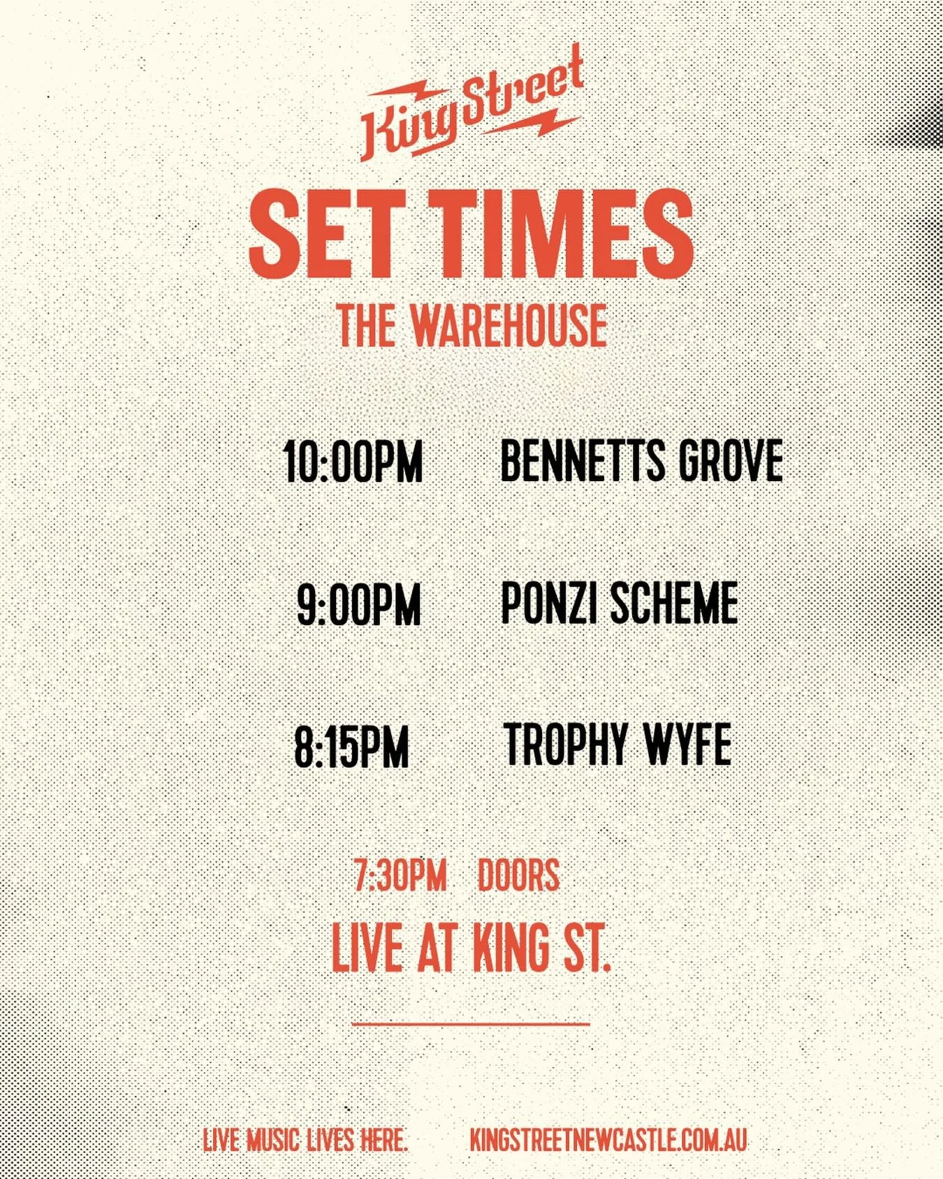 Set times for @bennetts.grove in the warehouse on Friday. This one is a free show