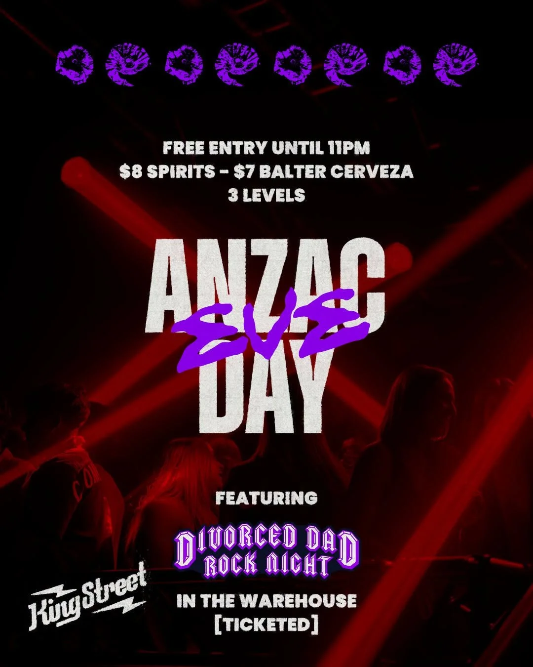 Your long weekend 🔒

FRIDAY
Free entry until 11pm with drink specials across 3 levels. Divorced Dad Rock Night in The Warehouse (ticketed)

SATURDAY
Once the two-up is finished, we open for your afterparty from 8pm.

ANY GIVEN SUNDAY Long Weekend
Do