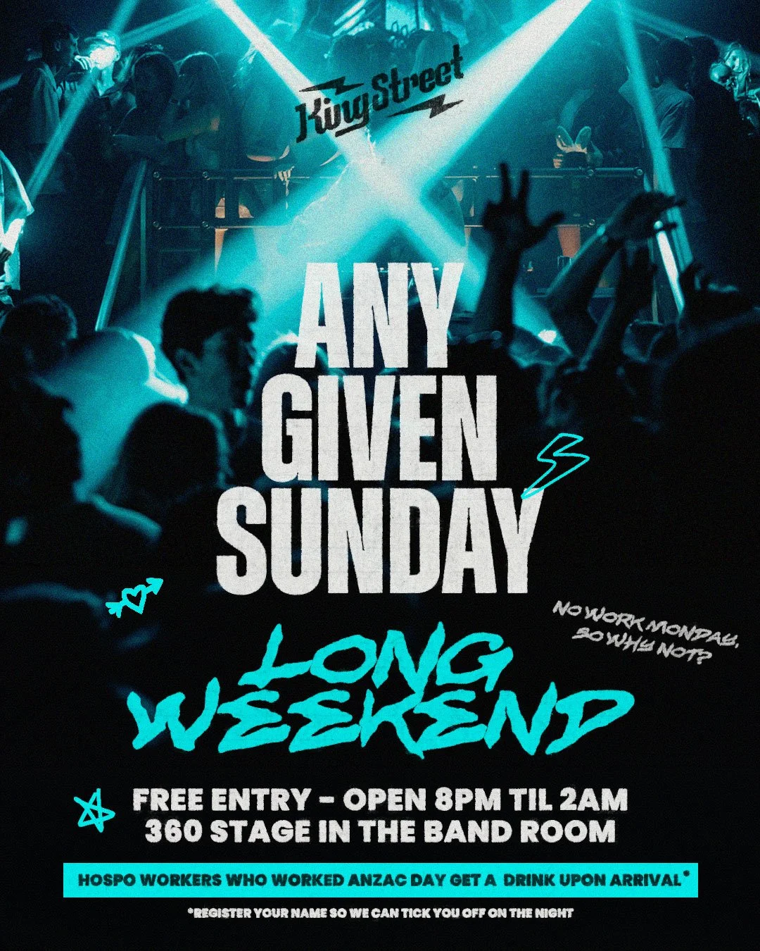 ANY GIVEN SUNDAY Long Weekend 🚨
Doors at 8pm - Open til 2am - 360 stage

Hospo workers who worked Anzac Day get a free drink on entry, send us your names via the link in our bio so we can tick you off.

No work on Monday, so why not?