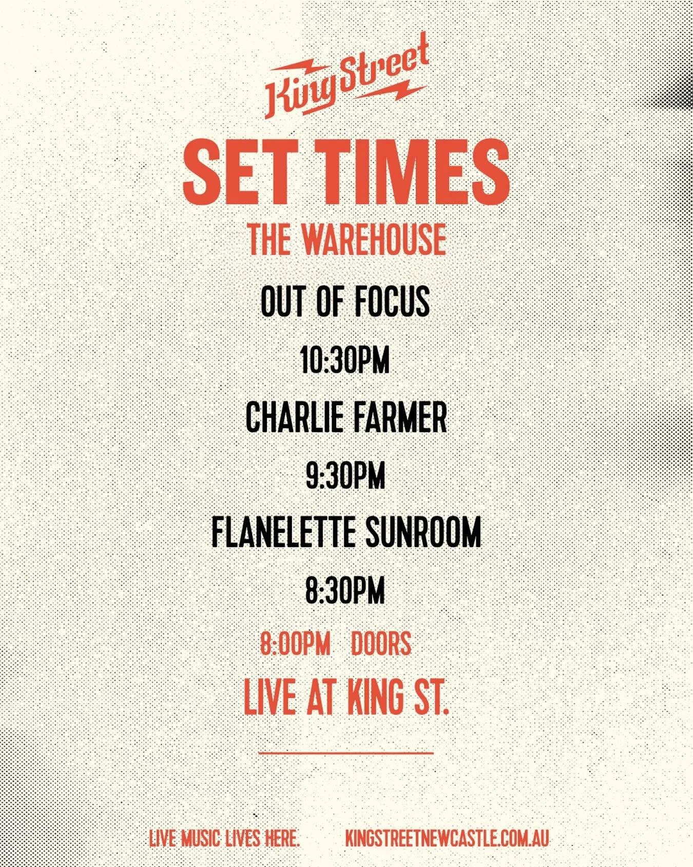 Set times for @outoffocusband__ in the Warehouse on Saturday. This one is a free show!