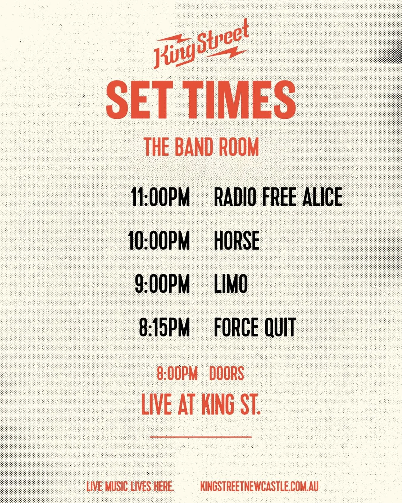 Set times for @radiofreealiceband in the Bandroom on Friday. Tix still available!