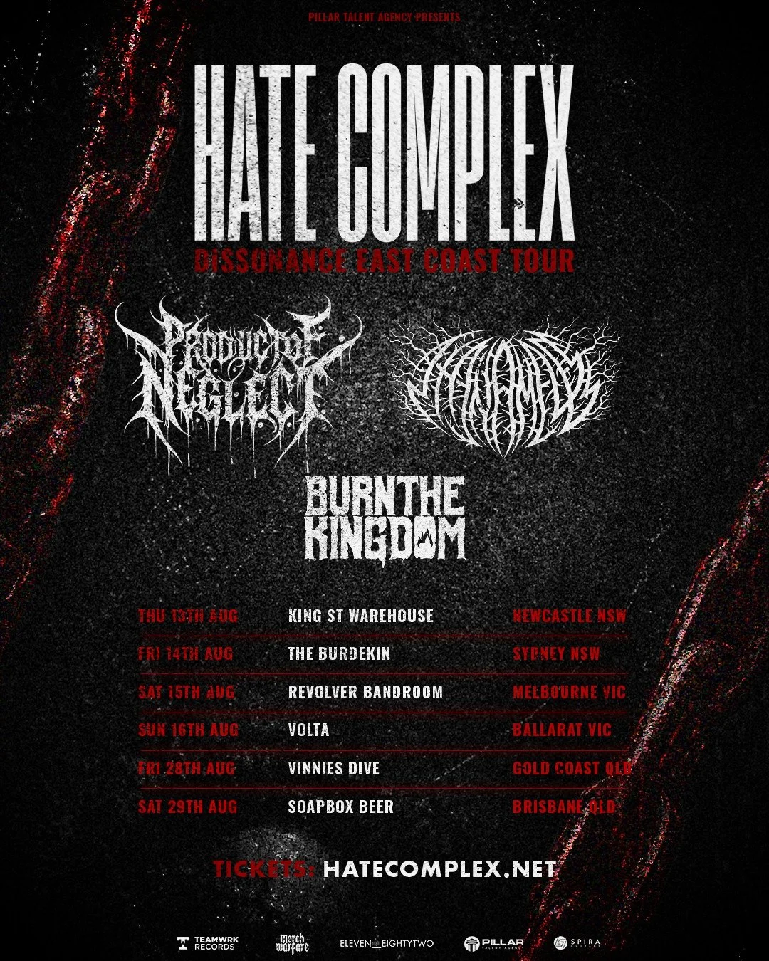 Off the back of their explosive debut album Dissonance, Victorian-based deathcore outfit Hate Complex return to the road for their first-ever headline run - the Dissonance East Coast Tour.

Since their formation, Hate Complex have quickly carved out 