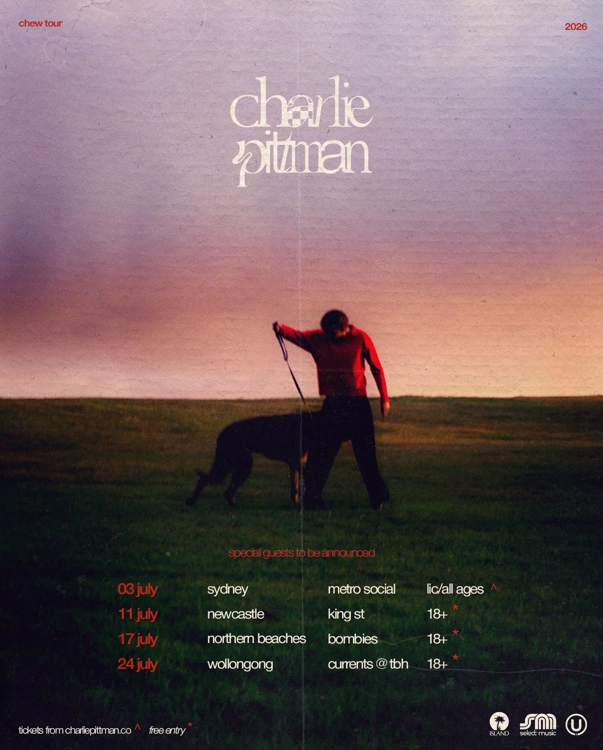 CHARLIE PITTMAN - &lsquo;CHEW&rsquo; SINGLE LAUNCH SHOW

Charlie Pittman has announced a string of intimate East Coast shows in celebration of his new single &lsquo;Chew,' stopping in at King Street on JULY 11. Following recent tours with Sydney Rose