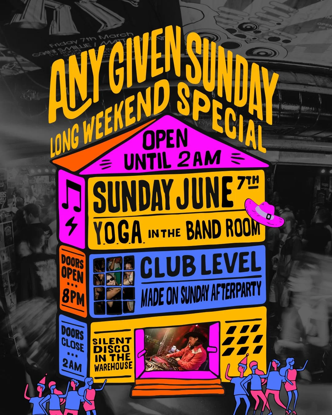 OPEN UNTIL 2AM TONIGHT 🚨
We're serving up an AGS Long Weekend Special headlined by Y.O.G.A. in The Band Room, Made on Sunday After-Party in the newly renovated Club Level, Silent Disco in The Warehouse and a whole lot more in between 🚨

Doors from 
