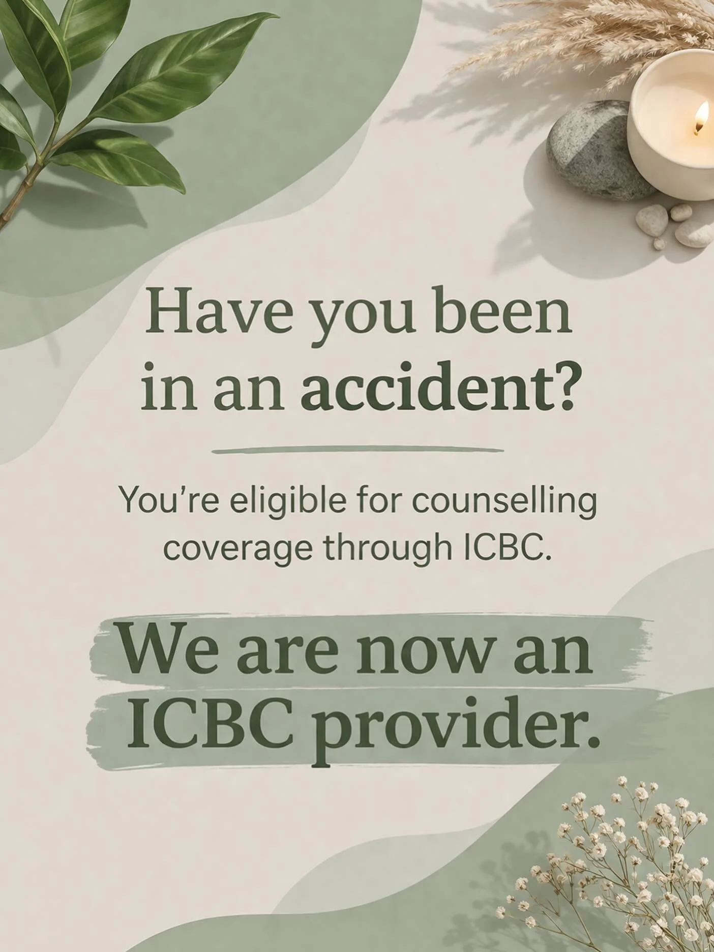 Have you been in a car accident? You may already have access to support.

In BC, anyone involved in a motor vehicle accident is automatically eligible for up to 12 counselling sessions with an approved provider within the first 12 weeks after the acc