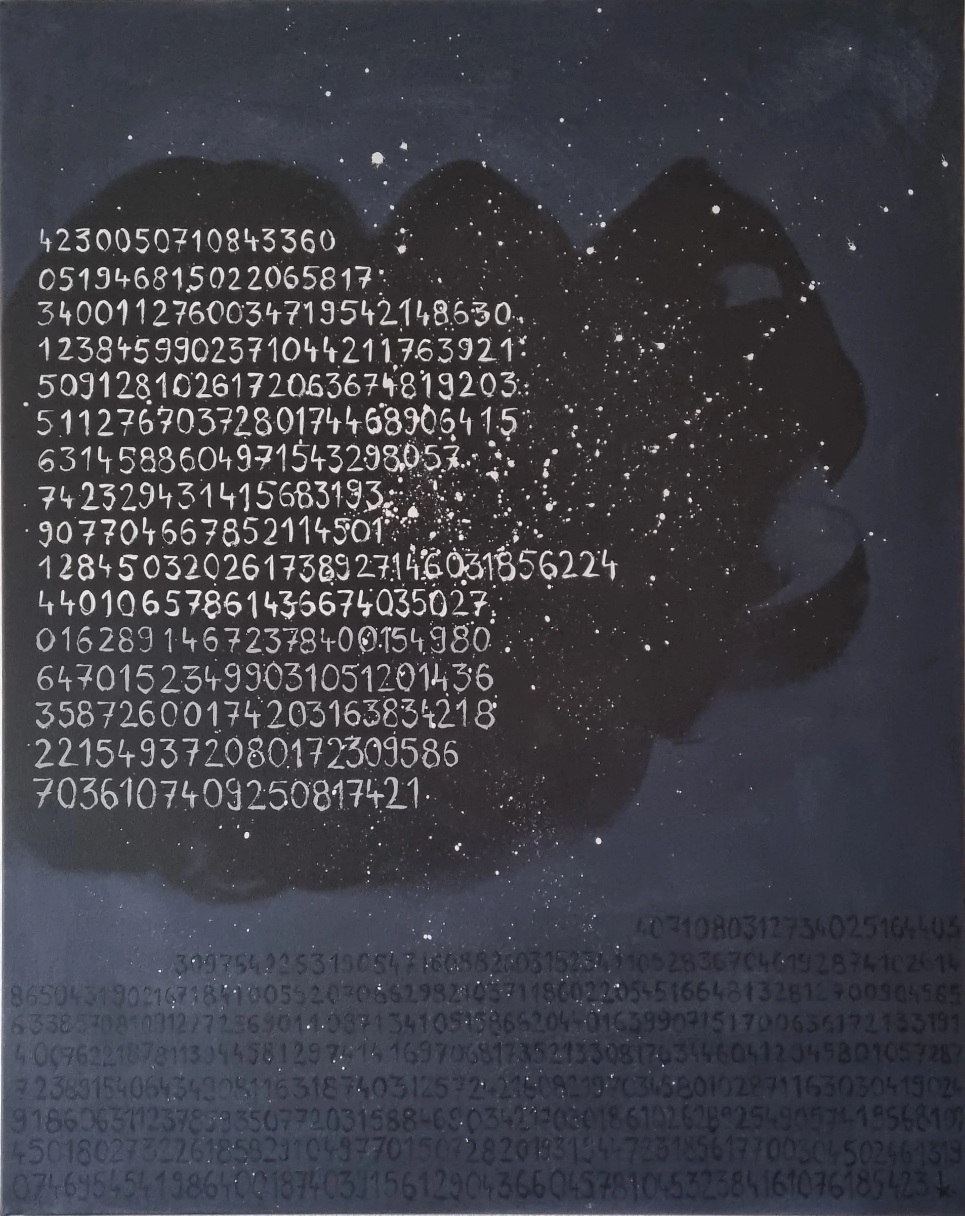 Une image représentant des chiffres et des nombres dispersés dans un motif d'étoiles dans un espace noir, avec des zones ombragées et des particules blanches simulant un ciel étoilé. Il y a une séquence de nombres en blanc au centre.
