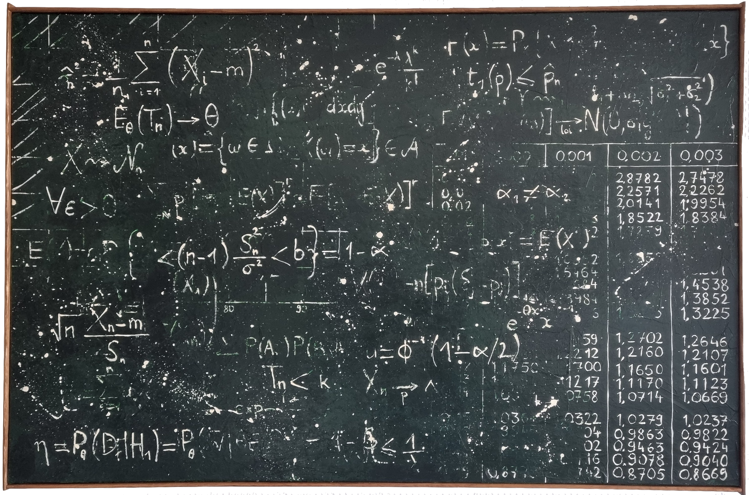 Tableau noir avec des équations mathématiques, des expressions algébriques et des chiffres écrits à la craie blanche.