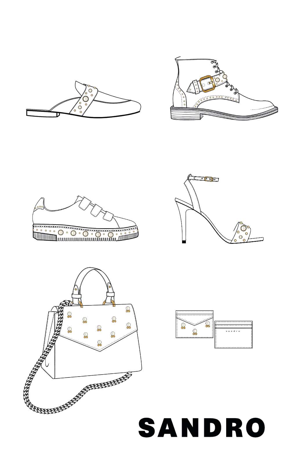 Skizzen von verschiedenen Schuhmodellen, einer Handtasche und zwei Karten mit dem Markenname 'Sandro'.