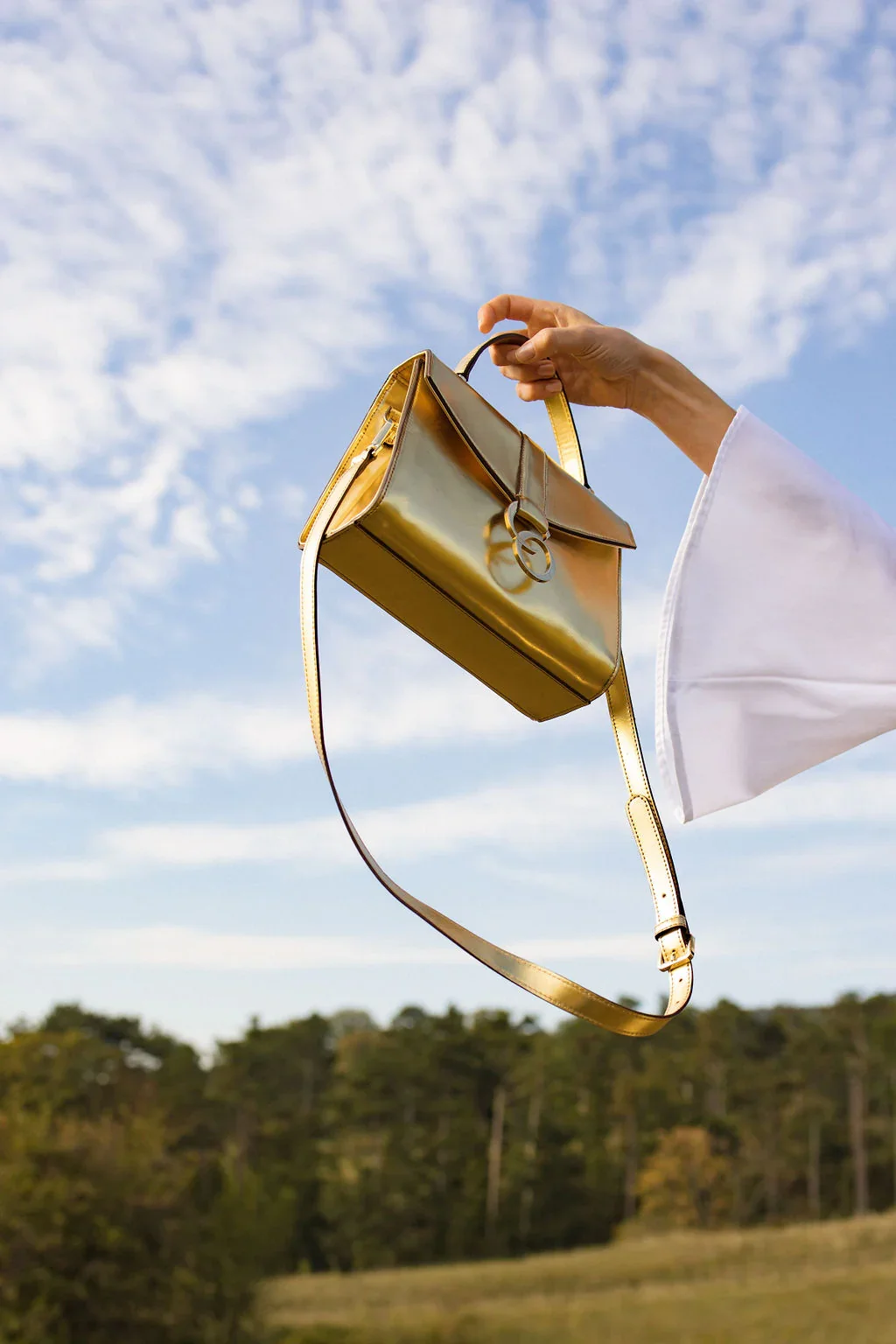 Hand hält eine goldene Handtasche gegen den Himmel mit Wolken, im Hintergrund Bäume und Wiese.