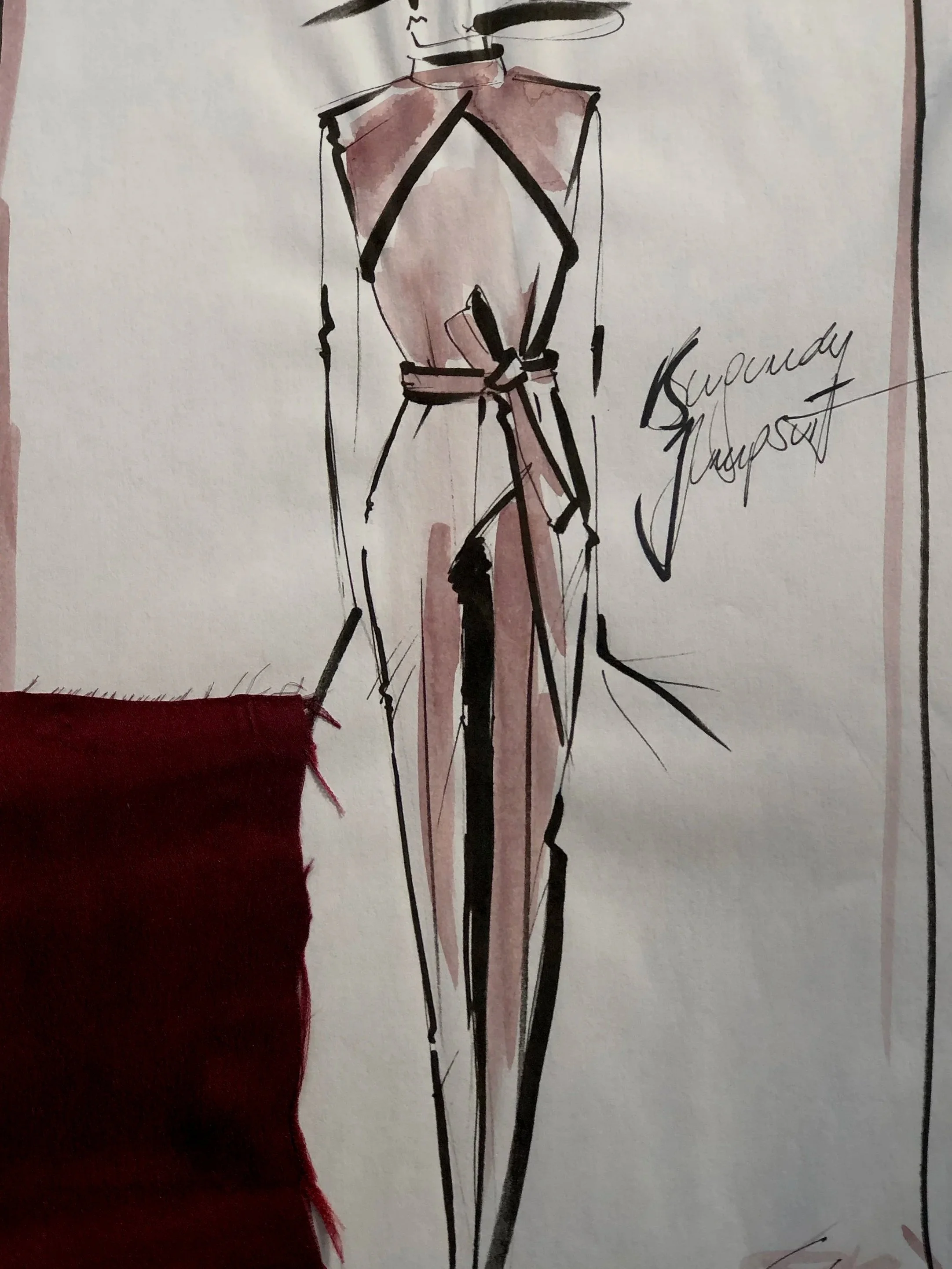 Modische Designerzeichnung einer Frau in elegante Kleidung, mit Handschrift des Designers. gezeichnet von Elisabeth Reinhartshuber