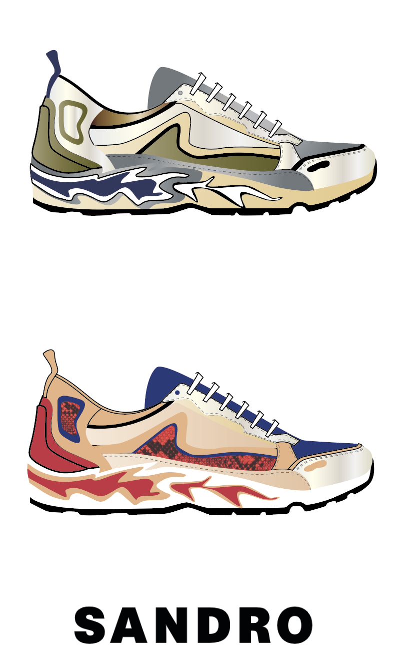 Illustration von zwei modernen Sportschuhen mit farbigen, stilisierten Durchschnitten, darunter der Schriftzug 'SANDRO'.