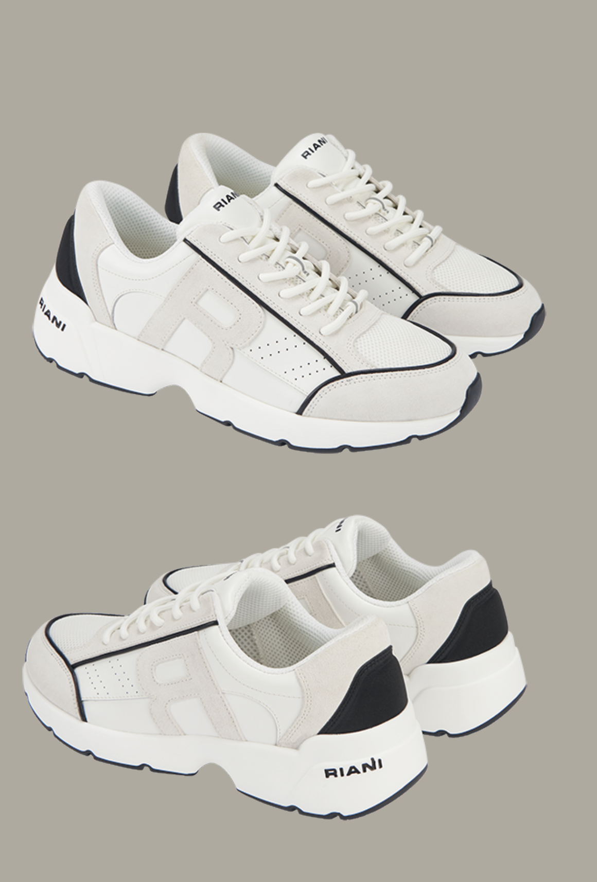Zwei weiße Turnschuhe mit schwarzen Akzenten von RIANI auf grauem Hintergrund
