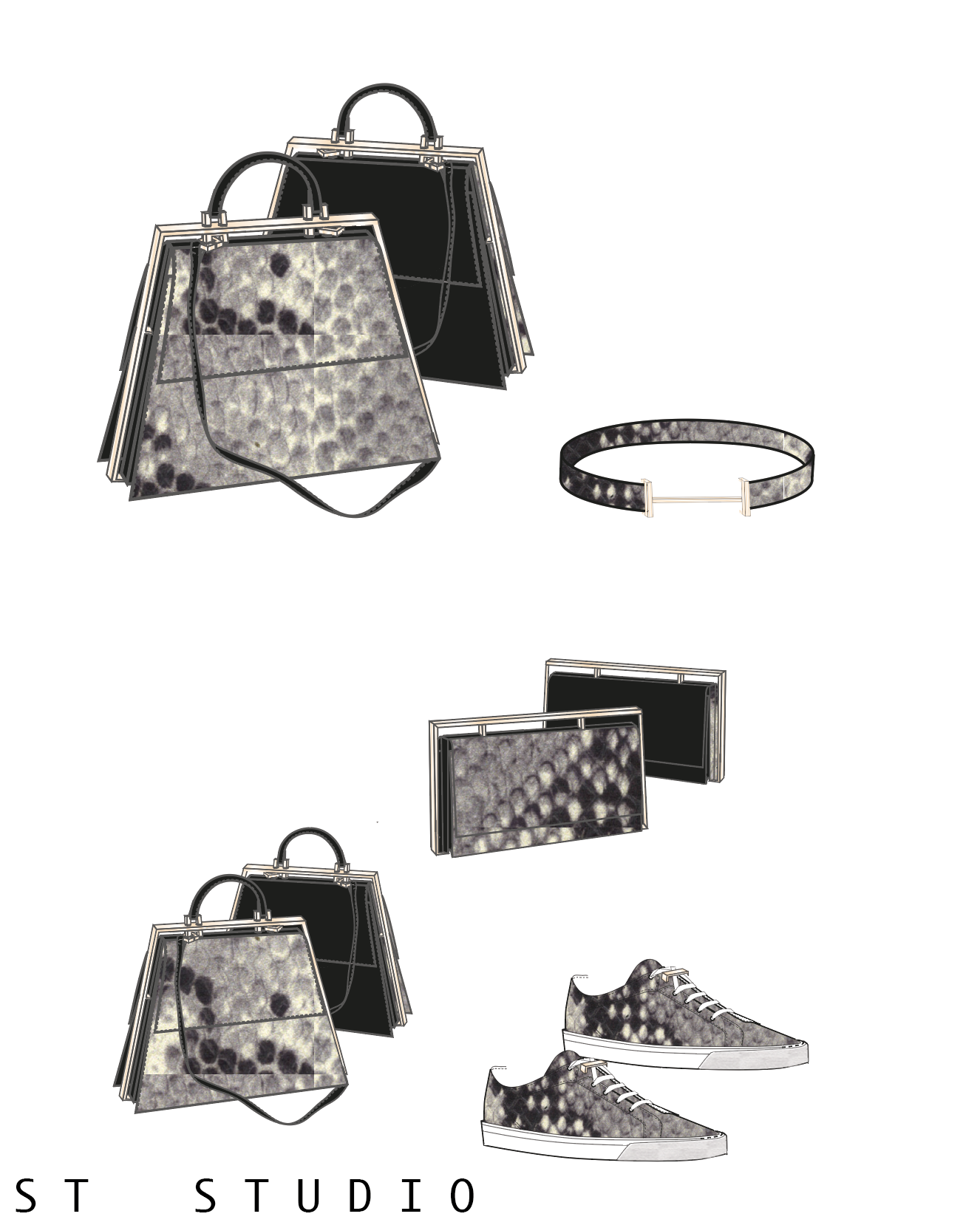 Mehrere Taschen, eine Halskette und Turnschuhe mit Snake-Print-Muster, alle entworfen von Elisabeth Reinhartshuber, auf weißem Hintergrund, mit dem Text 'ST STUDIO' am unteren Rand.