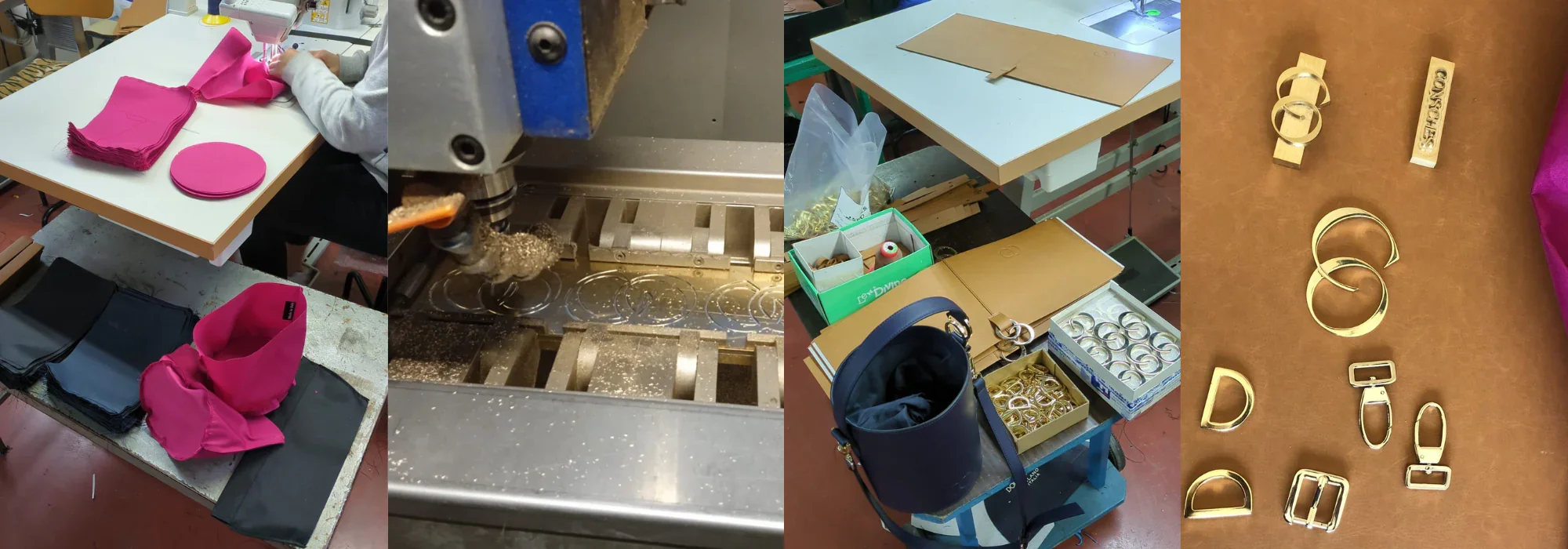 Bilder von Arbeitsumgebungen: links-Tisch mit pinken Stoffen und schwarzen Taschen, zweite Mitte-Maschine in einer Werkstatt, dritte Mitte-Büro- oder Arbeitsraum mit Kartons und Werkzeugen, rechts-Goldfarbene Schmuckstücke und Werkzeuge auf braunem Hintergrund.