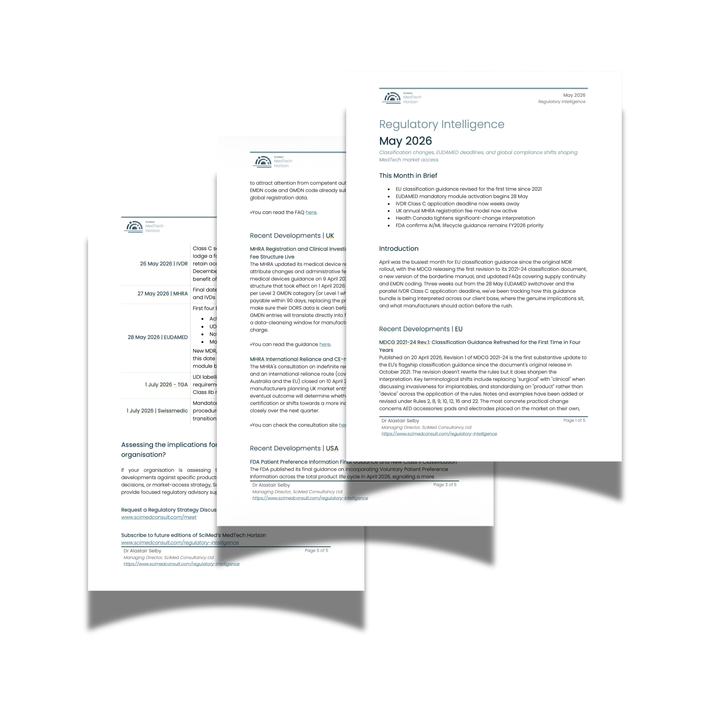 Preview of SciMed Consultancy’s monthly Regulatory Intelligence briefing showing multiple report pages covering MDR, IVDR, EUDAMED, FDA, and global MedTech regulatory updates.