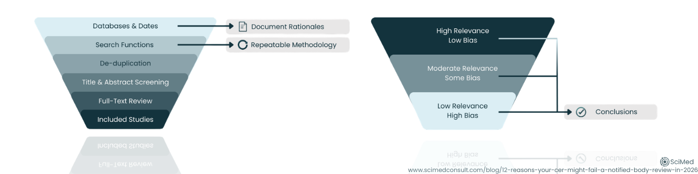 Reproducible literature review funnel and evidence weighting ladder used in MDR clinical evaluation reports to determine how clinical studies influence CER conclusions