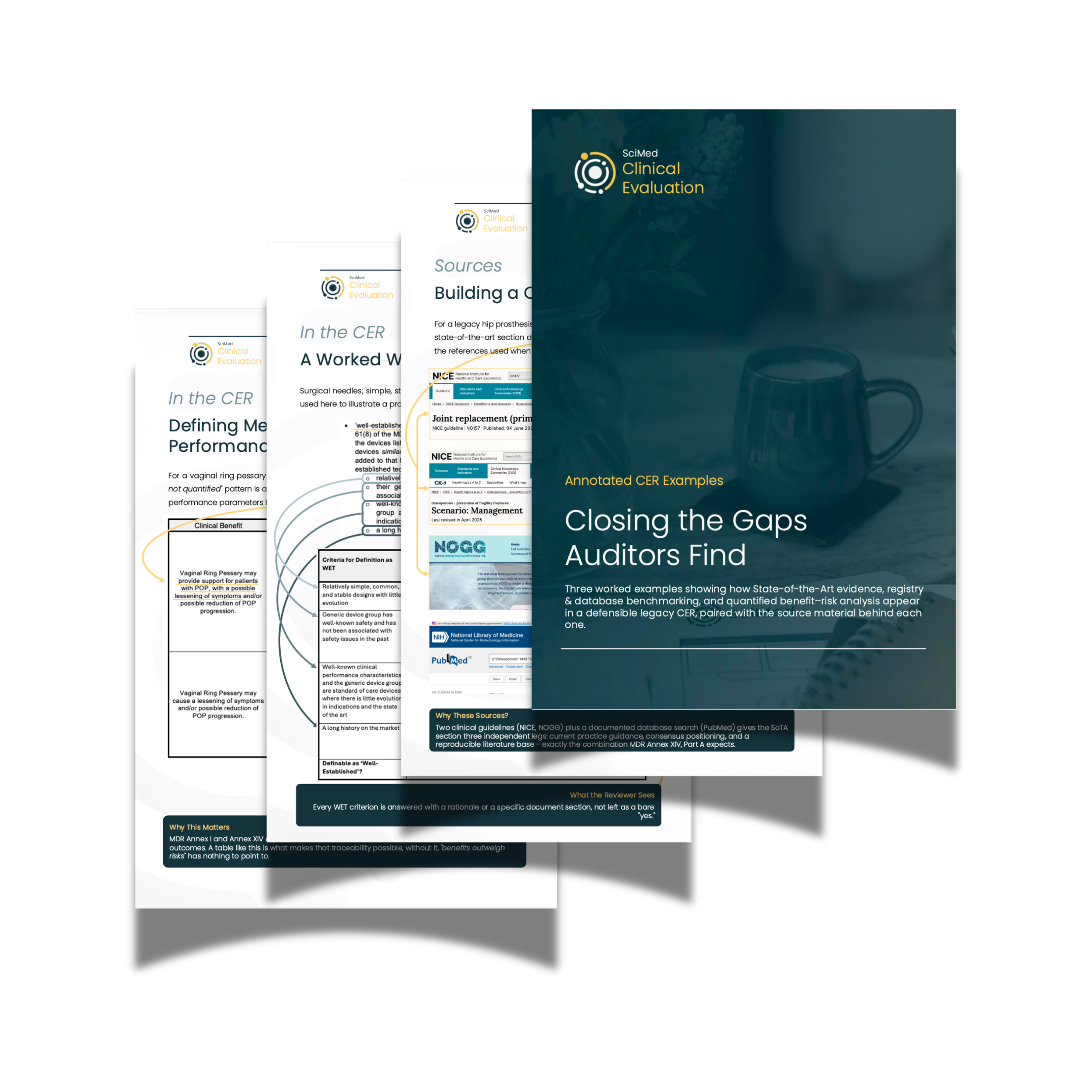 Mock-up of annotated Clinical Evaluation Report examples showing highlighted MDR compliance principles, evidence traceability and state-of-the-art justification.