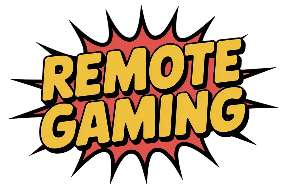 Comic-style graphic with the words 'Remote Gaming' in bold yellow letters with black outline, a gaming service by Unreal events.