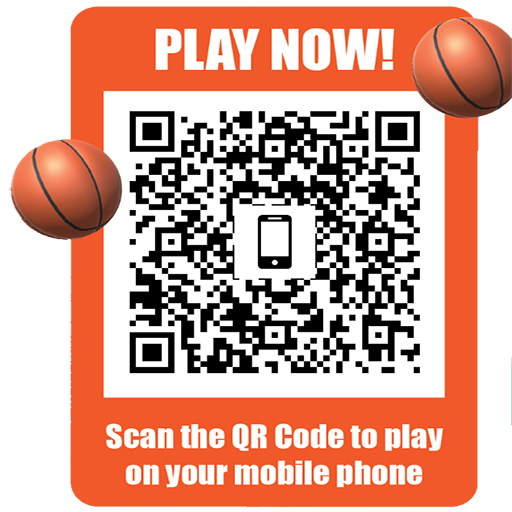 A red poster with white and black text reading 'PLAY NOW!'. It features a QR code in the center with an icon of a mobile phone inside. Two basketballs are placed on the top left and right corners of the poster. The bottom text instructs to scan the QR code to play on your mobile phone.