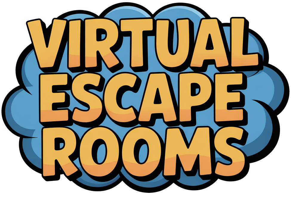 Colorful logo with the text 'Virtual Escape Rooms' in bold, yellow letters outlined in black, set against a blue cloud-like background.