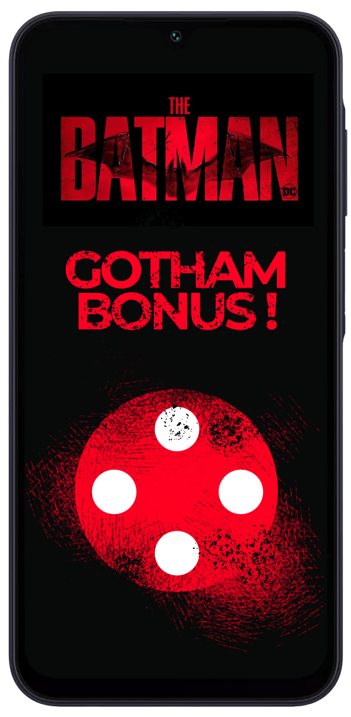A promotional screen for the Batman game featuring the Gotham Bonus, with a red and black color scheme and a four-dot pattern.
