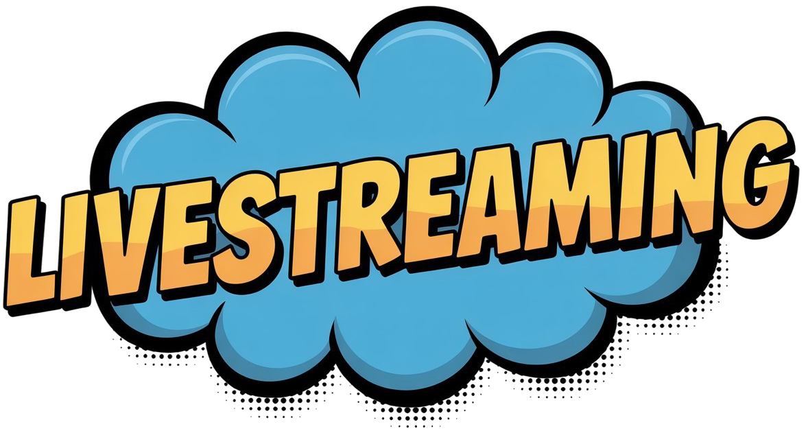 Graphic with the word 'LIVESTREAMING' in bold yellow and orange font inside a blue cloud.