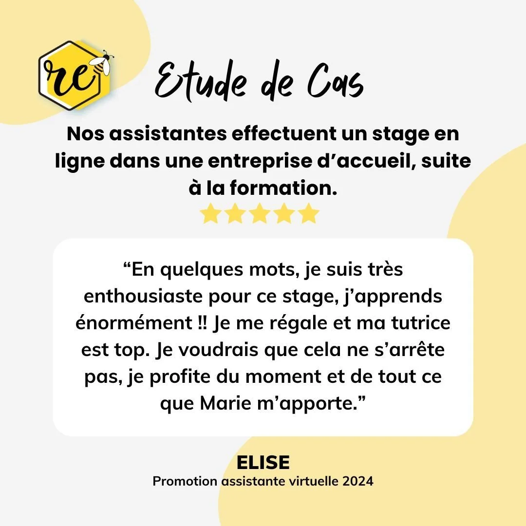 Dans nos accompagnements, la pratique prend autant de place que la th&eacute;orie : C'est 50-50.

3 mois apr&egrave;s le d&eacute;marrage de leur formation, nos assistantes virtuelles partent en stage pour encore 3 mois (de chez elles!) dans une entr