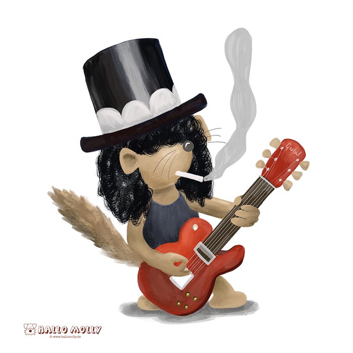 Eine gemalte Rennmaus, die aussieht wie Slash von Guns N' Roses