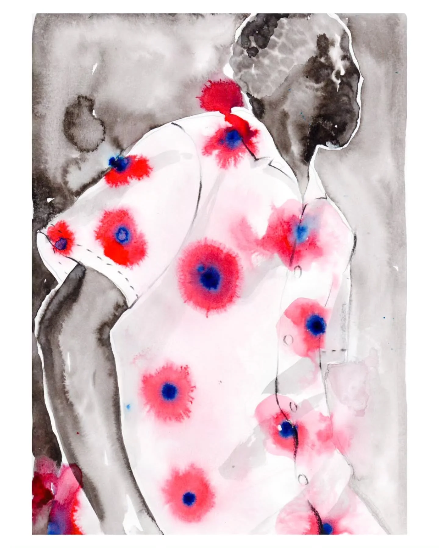 Final pieces from my FIDA Illustrating Fashion series, inspired by Kenzo.
I wanted to move through each look in three steps: from silhouette, to face, to textile detail.
A way of translating fashion into rhythm, color and fragment.
Watercolour and in