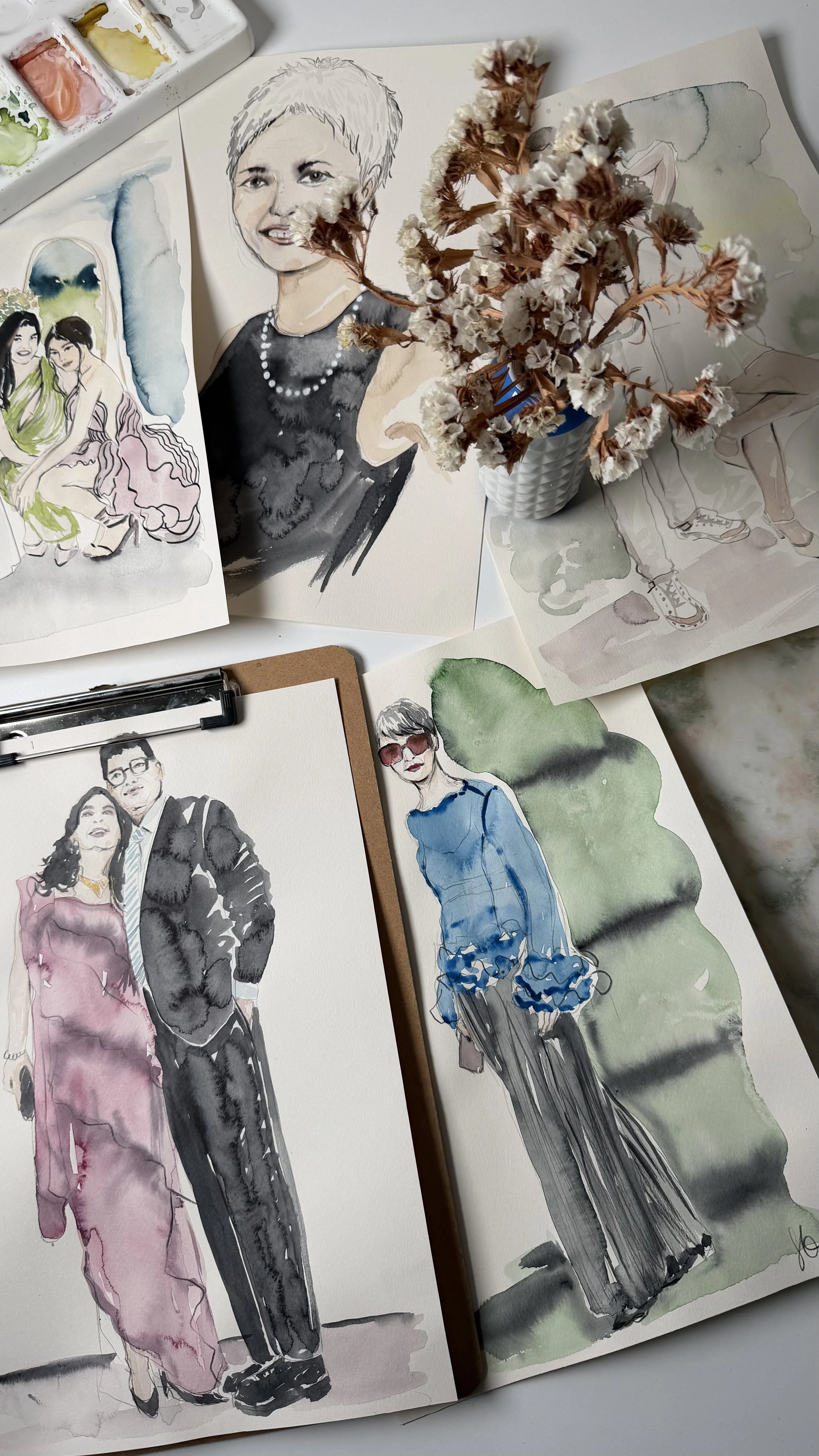Live watercolor wedding guest illustration by Berlin fashion illustrator Inna Stein
