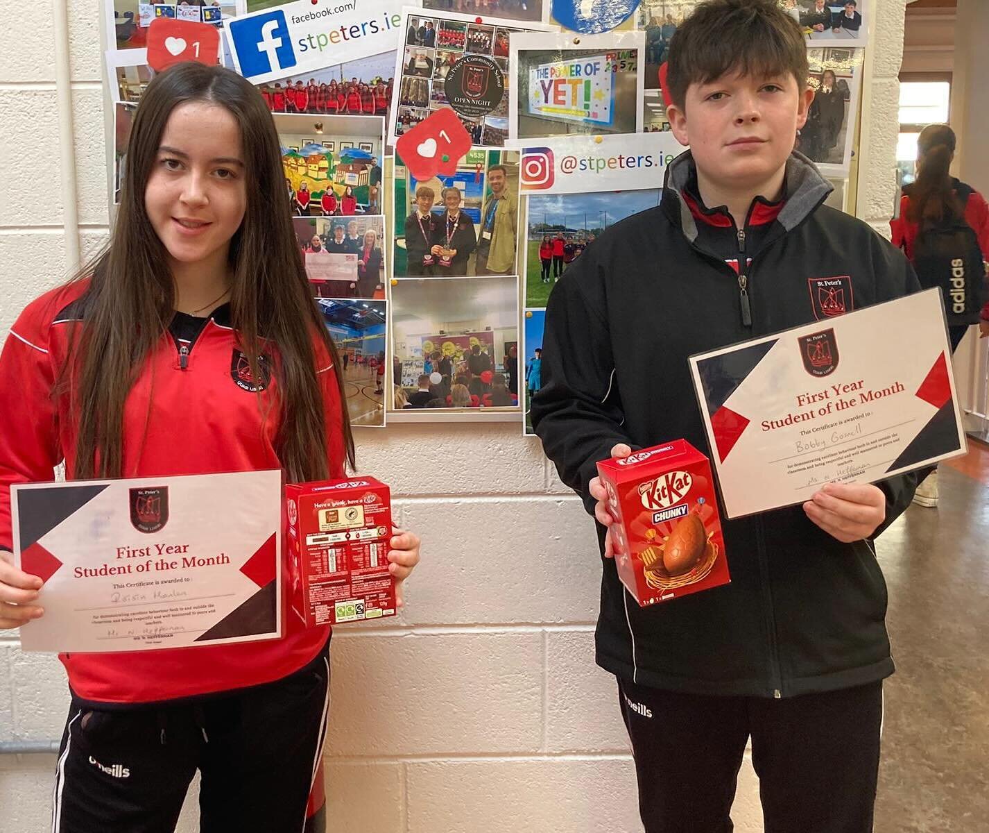 Congratulations to our First Year Students of the Month- R&oacute;is&iacute;n Hanlon and Bobby Gosnell, who were presented with their awards by Ms. Heffernan last week! 👏 Characteristics acknowledged as part of the award include Excellent Behaviour,