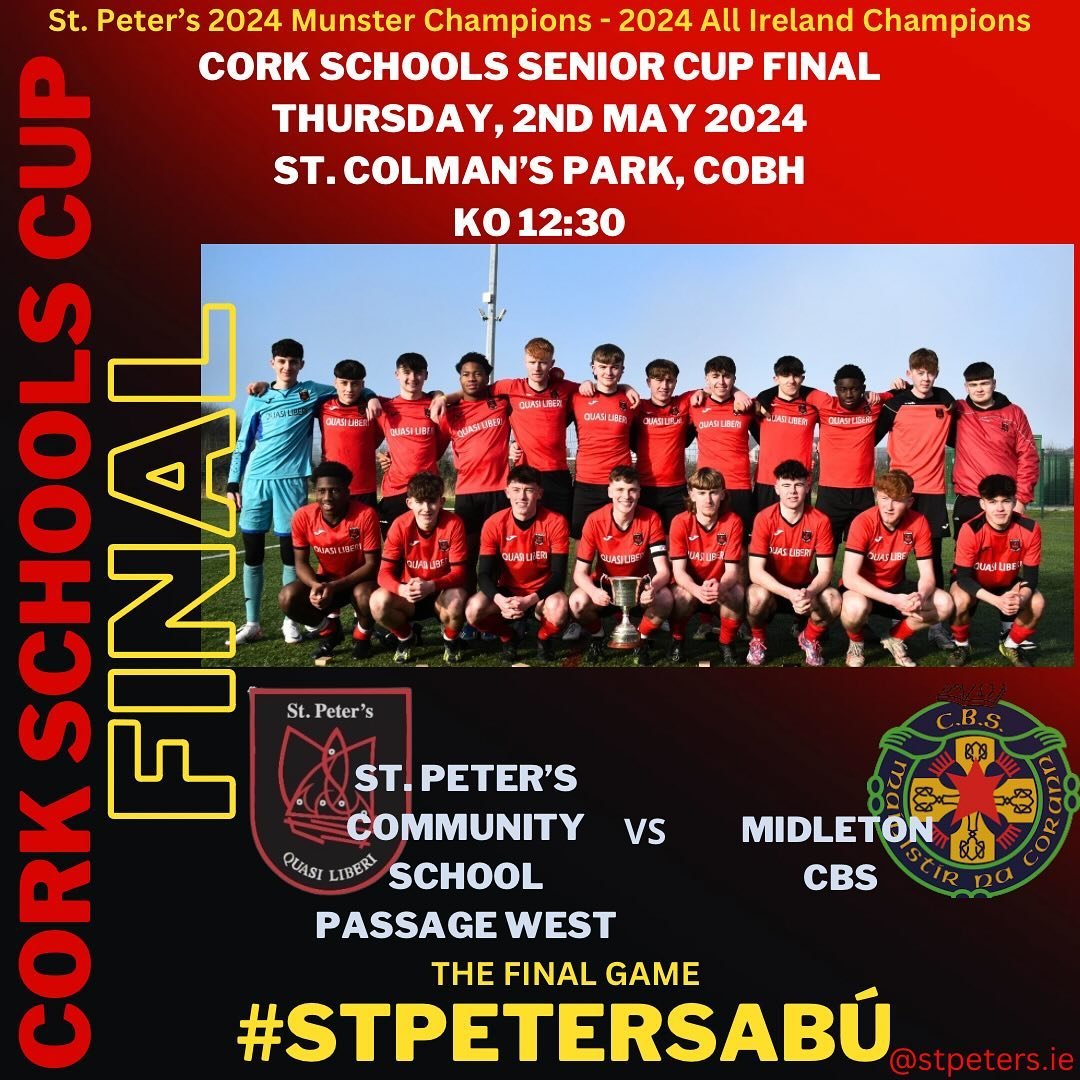 Best of Luck to our U19 Boys Soccer Team and Mr. O&rsquo;Keeffe in next week&rsquo;s Cork Schools Cup Final against Midleton CBS. What a season- Munster Champions, All-Ireland Champions 🏆🏆 The Final Game, the fairytale isn&rsquo;t over yet! 💪 All 