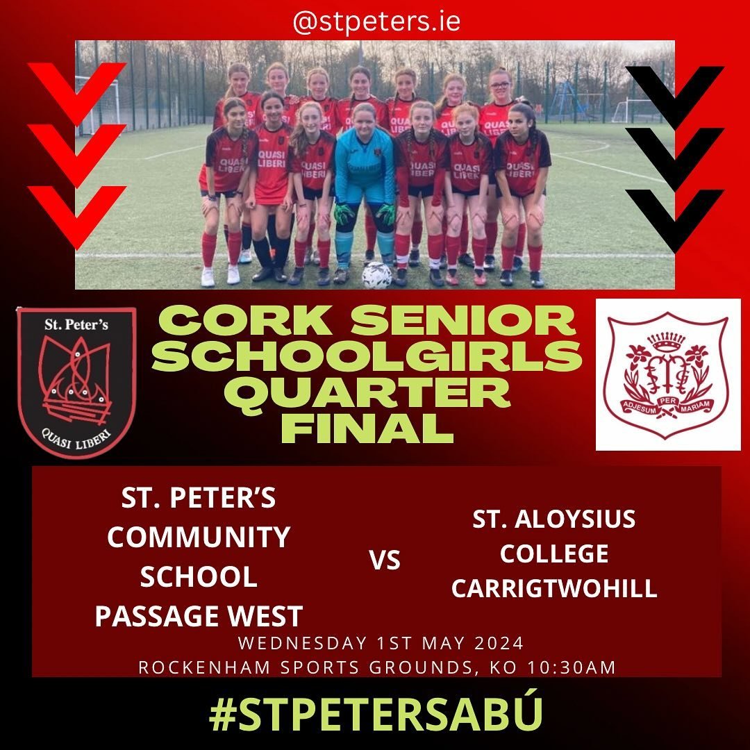 Best of Luck to our Senior Girls Soccer Team and Coach Ms. Walsh in tomorrow&rsquo;s Cork Senior Schoolgirls Quarter Final 💪 All support welcome! 💪🔴⚫️ #stpetersab&uacute;  #schoolsoccer #faischools