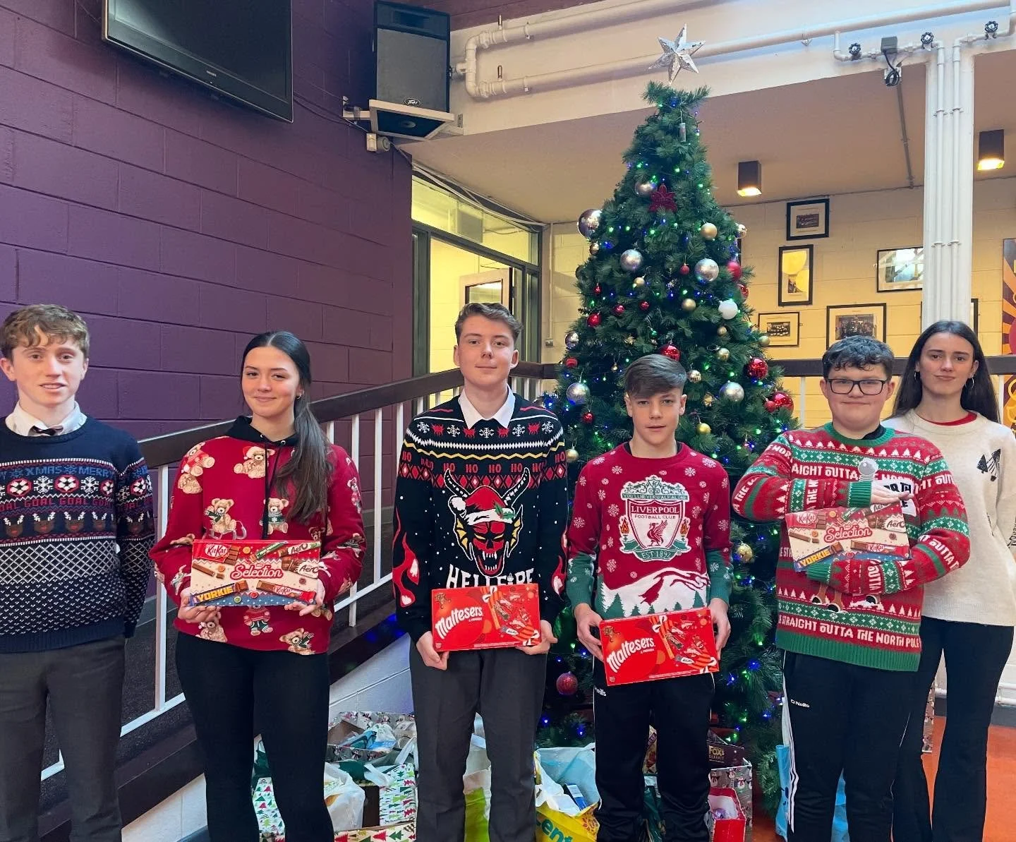 Thank you to all of our students who participated in Christmas Jumper Day 2025! 🎄 Well done to our Best Dressed Winners (L-R) Natasza (Sixth Year), Jake (Second Year), Zack (First Year) and Aidan (Second Year), pictured here with Ciar&aacute;n and M