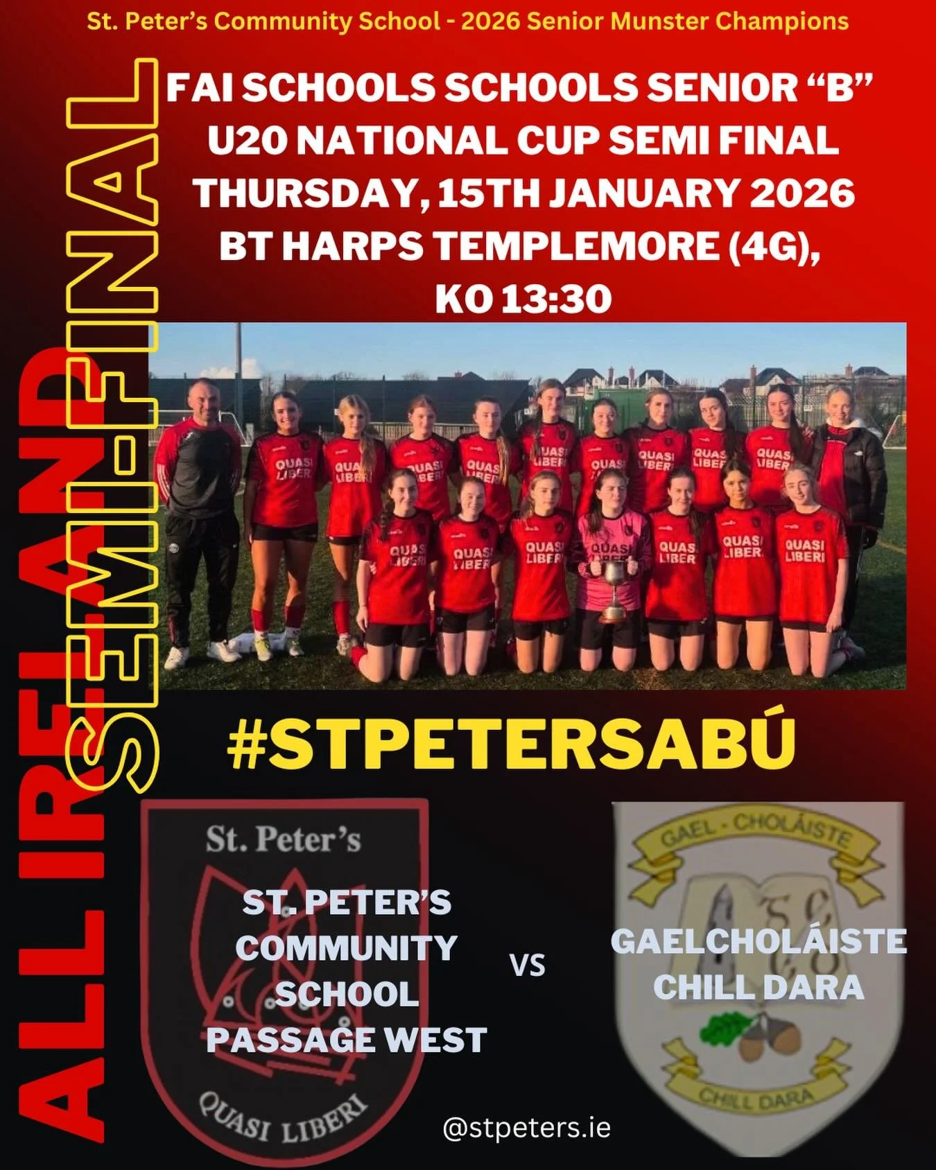 Best of Luck to our Senior Girls Soccer Team and their Coach Mr. McSweeney in tomorrow&rsquo;s FAI Schools All-Ireland Semi Final against Gaelchol&aacute;iste Chill Dara 💪🔴⚫️ #stpeters #stpetersab&uacute; #schoolsoccer #faischools