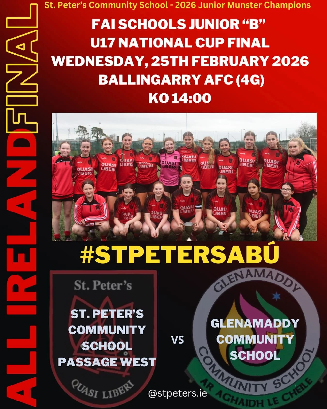 Best of Luck to our U17 Girls Soccer Team in tomorrow&rsquo;s All Ireland Final! ⚽️ A fantastic and exciting occasion to see another St. Peter&rsquo;s Girls Soccer Team in our second All Ireland Final of the year! 💪🔴⚫️ #stpeters #stpetersab&uacute;