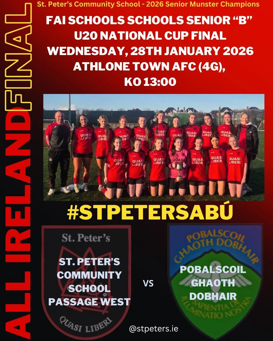 Wishing our Senior Girls Soccer Team and their Coach Mr. McSweeney the Best of Luck in tomorrow&rsquo;s All Ireland Final against Pobalscoil Ghaoth Dobhair 🔴⚫️ A tremendous occasion for all of our players, their families, our school and community, w