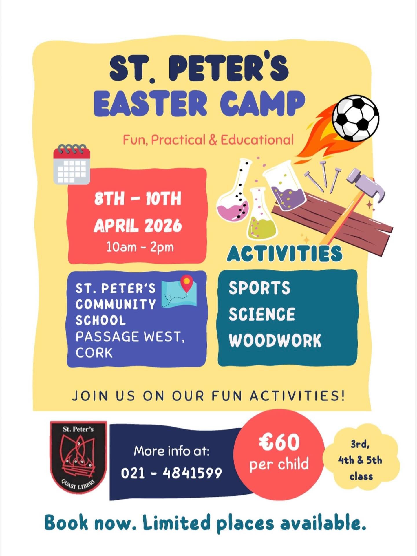 We are thrilled to announce that the St. Peter&rsquo;s Primary School Easter Camp is back for 2026! 🐣

From April 8th&ndash;10th, students in 3rd, 4th, and 5th class can dive into three days of discovery, sports and hands-on fun! 🎾🔬🪚 Whether they