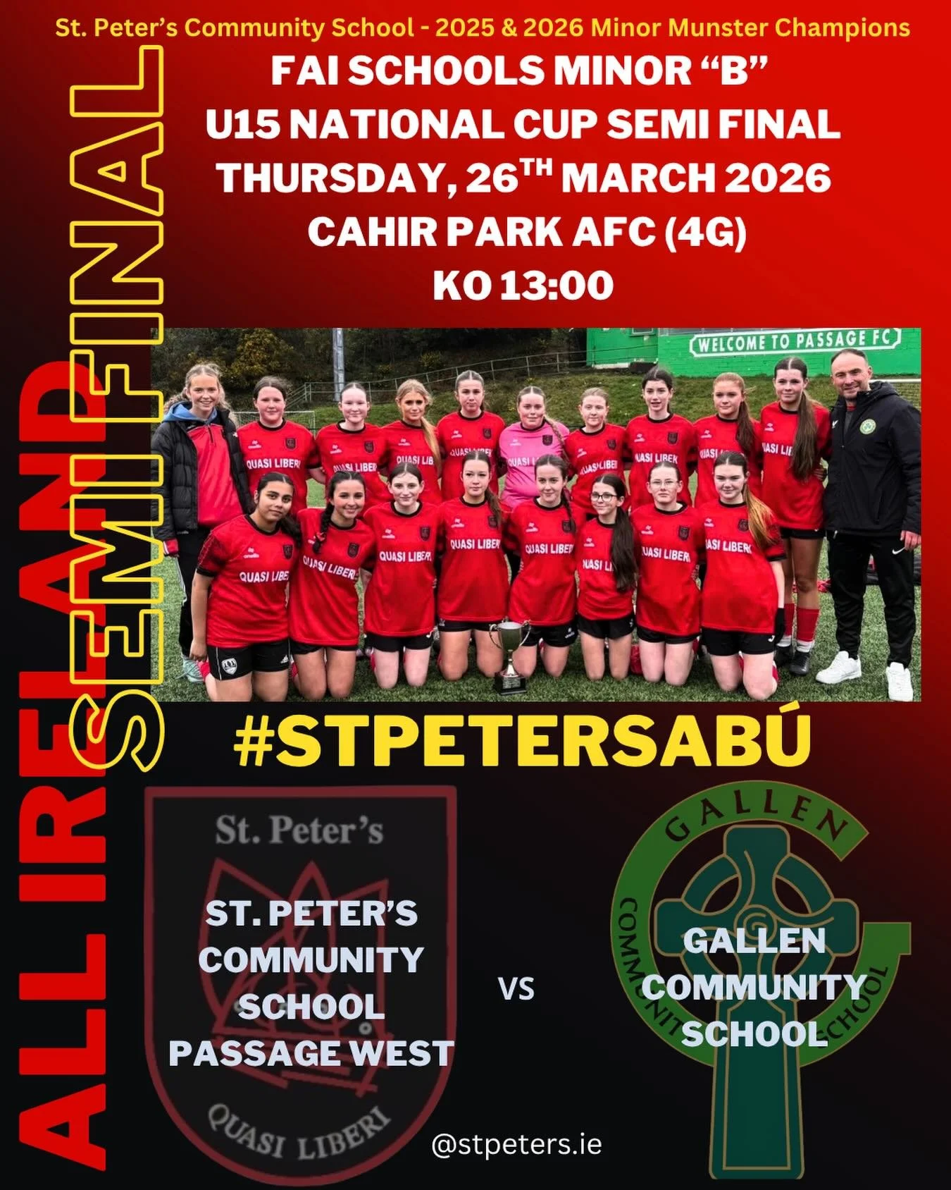 Wishing our U15 Girls Soccer Team, along with their Coaches Shannon Ryan (Fifth Year) and Mr. McSweeney, the Best of Luck in tomorrow&rsquo;s All Ireland Semi Final against Gallen Community School! 💪 An exciting occasion as our back-to-back Munster 