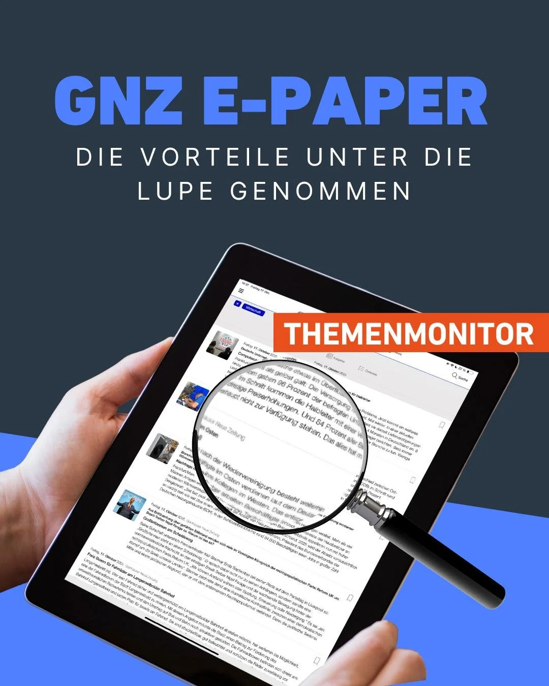 E-Paper-Vorteile unter der Lupe #1: Themenmonitor

Kennen Sie schon den Themenmonitor?
Damit finden Sie automatisch alle Artikel zu Ihren Wunschthemen, ohne selbst suchen zu m&uuml;ssen. Einfach Stichwort eingeben, fertig.

Ob Wirtschaft, Politik ode