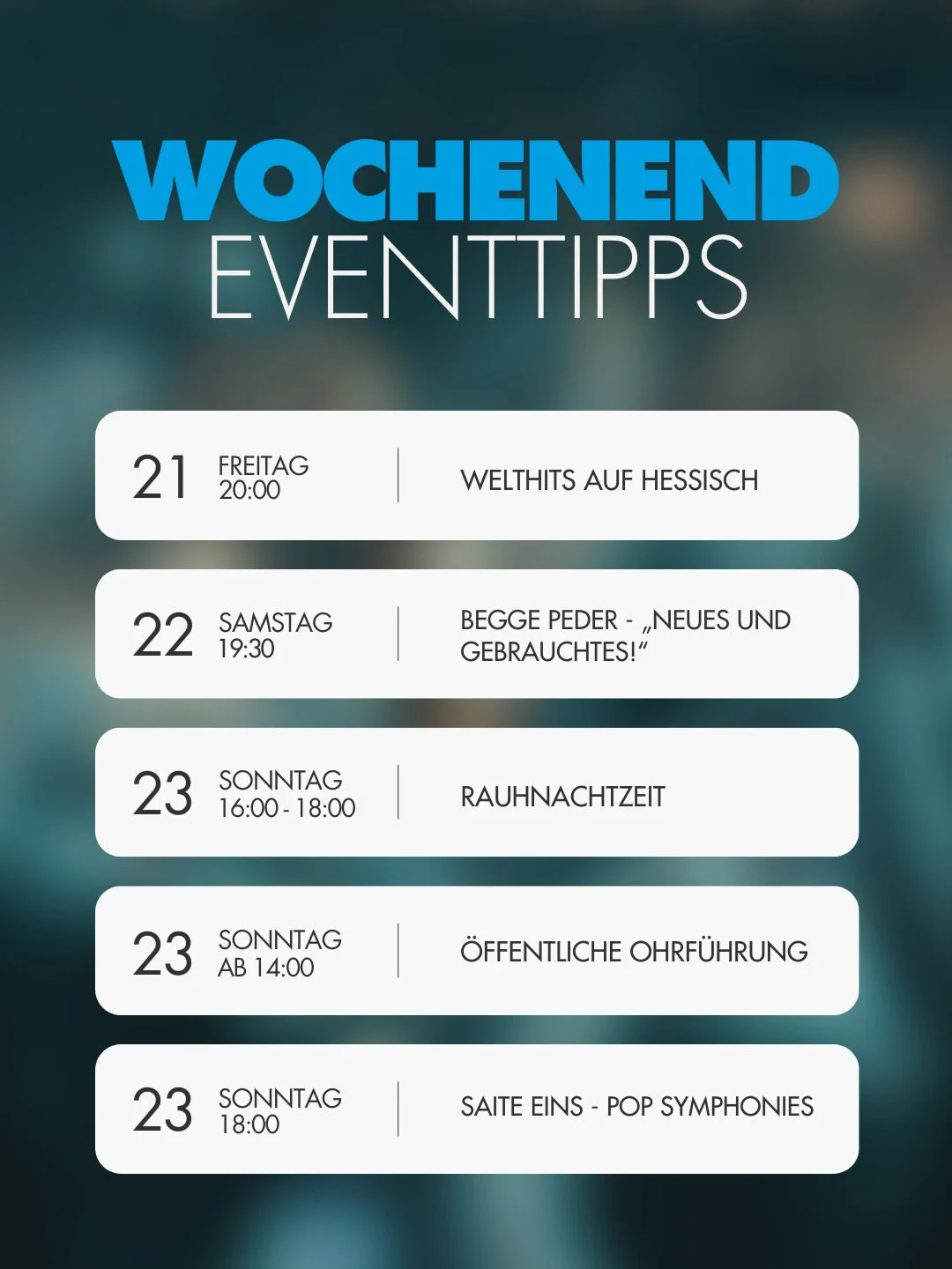 🌟Wochenend-Tipps f&uuml;r Gelnhausen und Umgebung 🌟

Heute haben wir euch wieder einige Ideen zusammengetragen f&uuml;r Veranstaltungen, die ihr dieses Wochenende besuchen k&ouml;nnt. 

Wir w&uuml;nschen euch ein erlebnisreiches Wochenende. 💃🕺

I