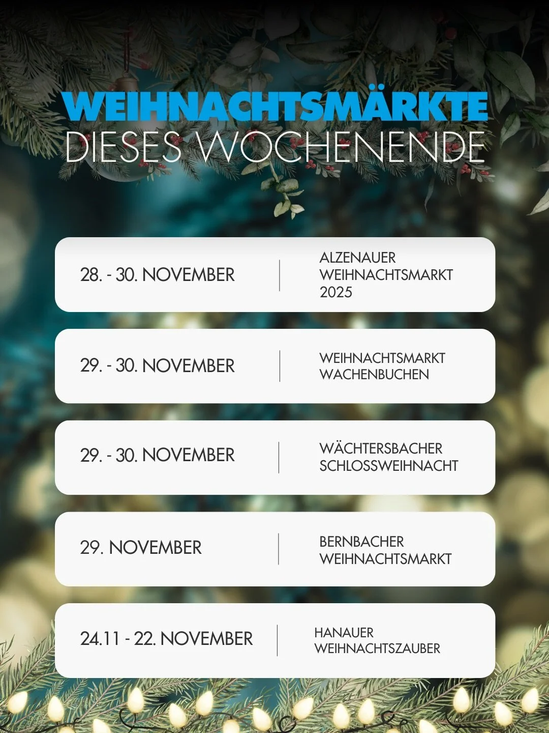 🎄Weihnachtm&auml;rkte am Wochenende🎄

Die sch&ouml;nste Zeit des Jahres ist da und was gibt es sch&ouml;neres, als &uuml;ber funkelnde Weihnachtsm&auml;rkte zu schlendern, den Duft von gebrannten Mandeln einzuatmen und sich mit einer hei&szlig;en T