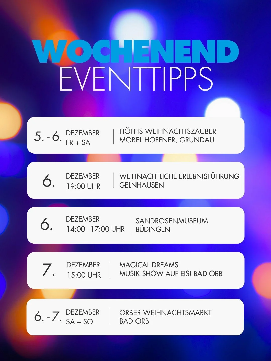 🌟Wochenend-Tipps f&uuml;r Gelnhausen und Umgebung 🌟

Heute haben wir euch wieder einige Ideen zusammengetragen f&uuml;r Veranstaltungen, die ihr dieses Wochenende besuchen k&ouml;nnt.

Wir w&uuml;nschen euch ein erlebnisreiches Wochenende. 💃🕺

Ih