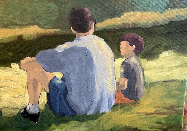 Father Son Talking By Lake Parenthood